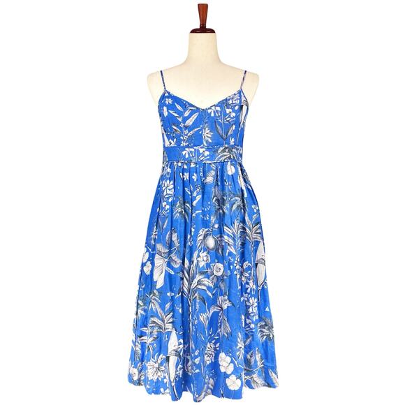 J. CREW 100% Linen Ratti Tropical Toile Blue/White Floral Midi Tea Dress Size 4 - Picture 1 of 10